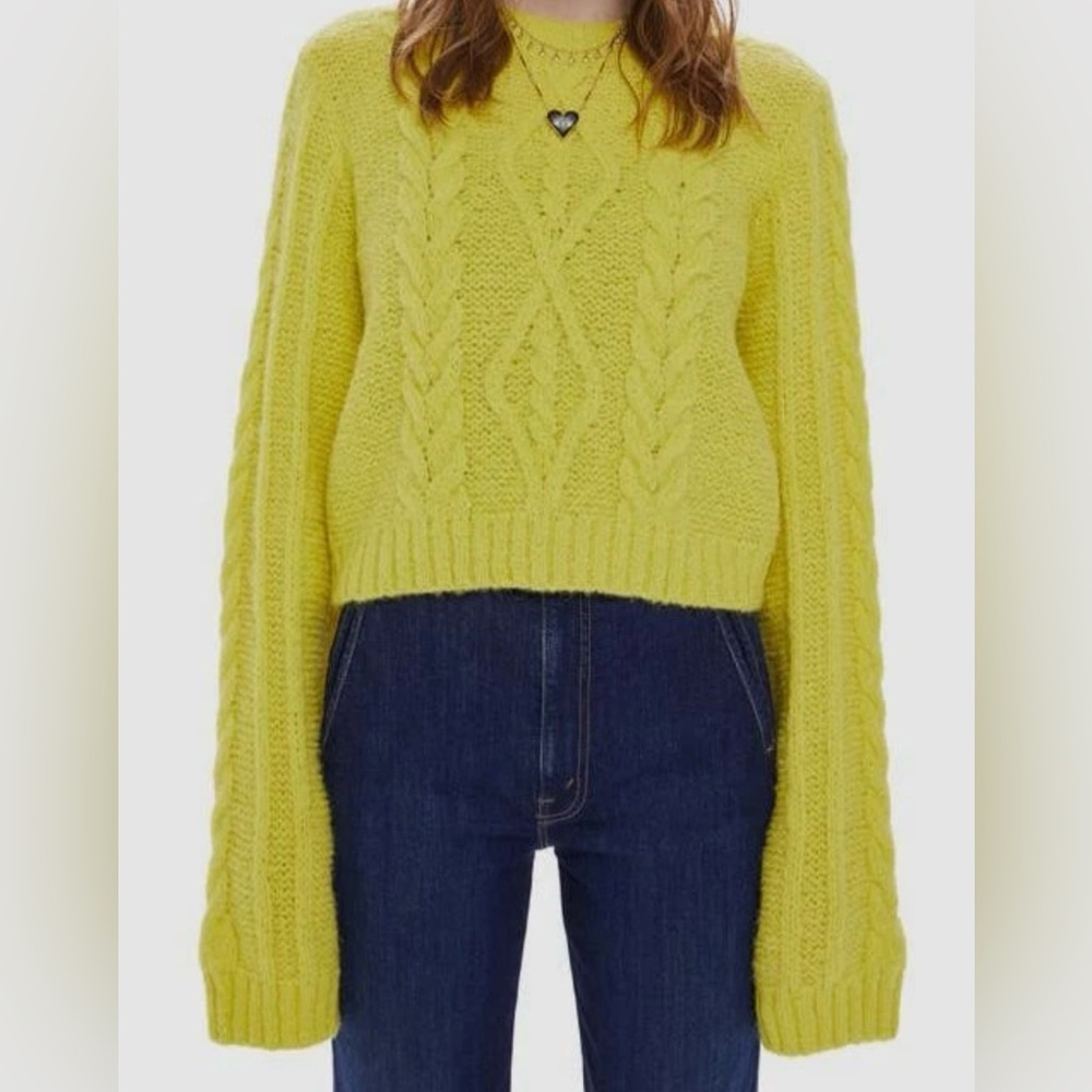 Mother Women Yellow Extended Sleeve Crop Cable Pullover Sweater